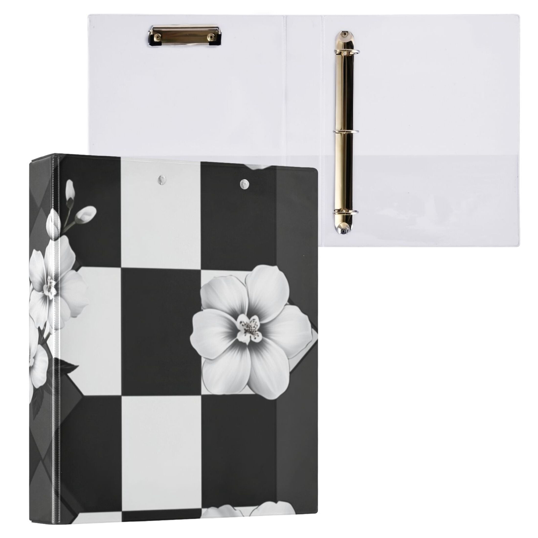 White Flowers in Grid 3 Ring Binders 1.5 inch Hardcover File Folders with Interior Pockets A4 Size Organizer for School Office Hospital Set of 2