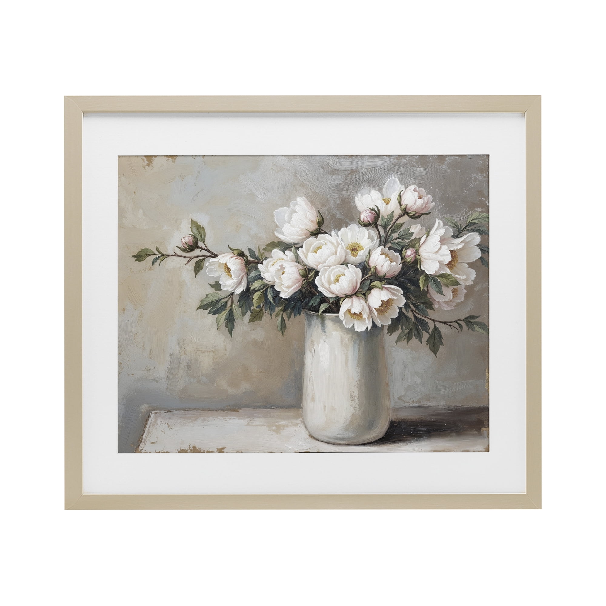 White Flowers in Vase Still Life Birch Framed Print Under Glass, design by Lettered and Lined