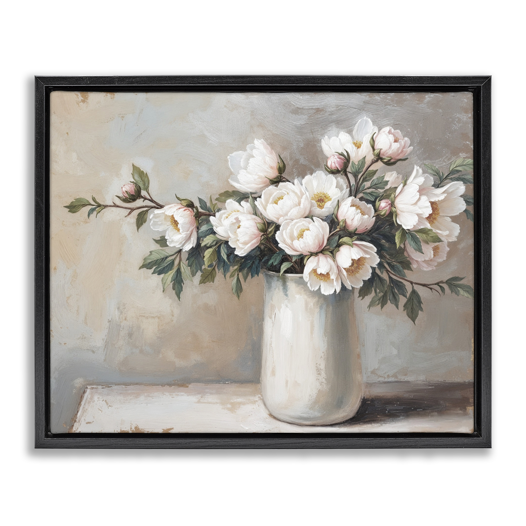 White Flowers in Vase Still Life Black Framed Floater Canvas Wall Art, design by Lettered and Lined