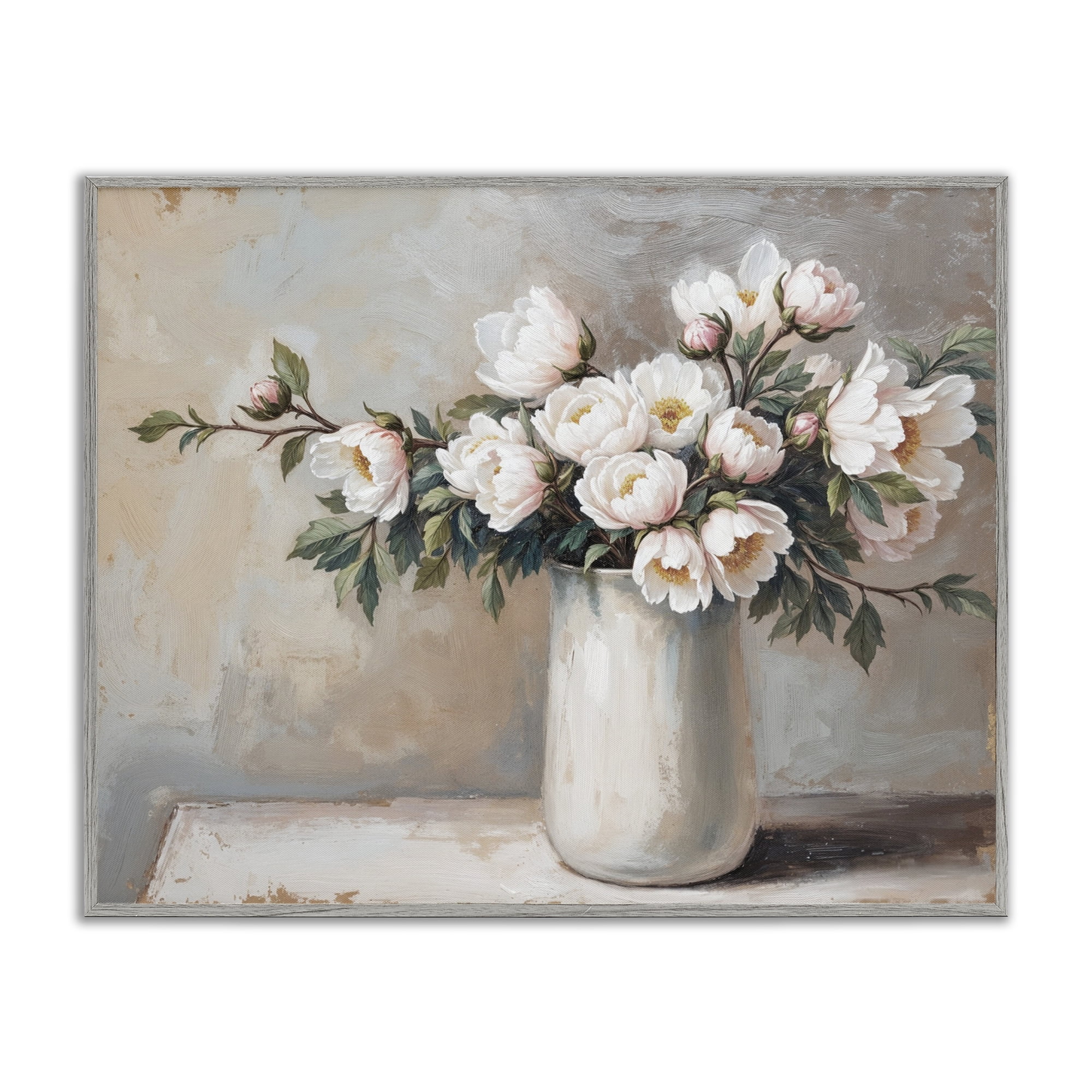 White Flowers in Vase Still Life Gray Framed Giclee Art, design by Lettered and Lined