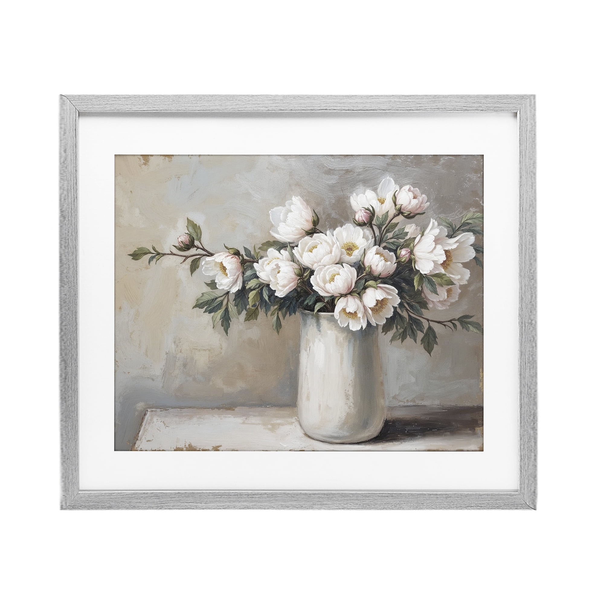 White Flowers in Vase Still Life Gray Framed Print Under Glass, design by Lettered and Lined