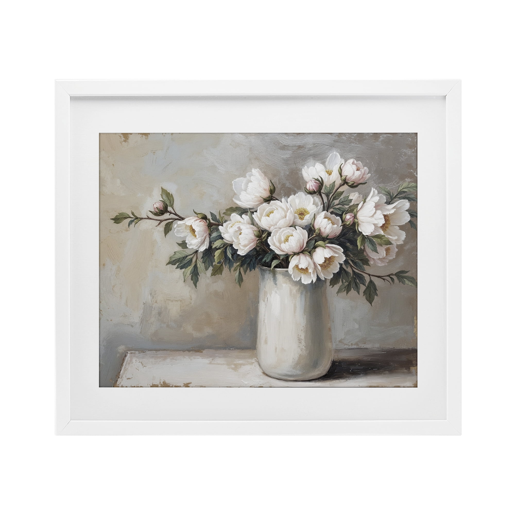 White Flowers in Vase Still Life White Framed Print Under Glass, design by Lettered and Lined