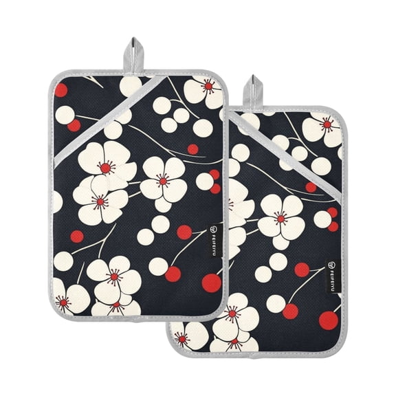 White Flowers on A Black Background Oven Mitts Pot Holders 2 pcs Heat Resistant for Kitchen Baking Grilling