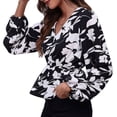thumbnail image 1 of White Flowers on Black, Ruffled Hem, Size M Floral V-Neck Long-Sleeve Wrap Blouse, 1 of 6