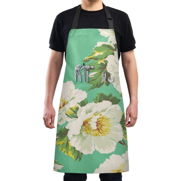 White Flowers on Green Chef Kitchen Apron with Pockets for Women Waterproof Aprons for Cooking Baking