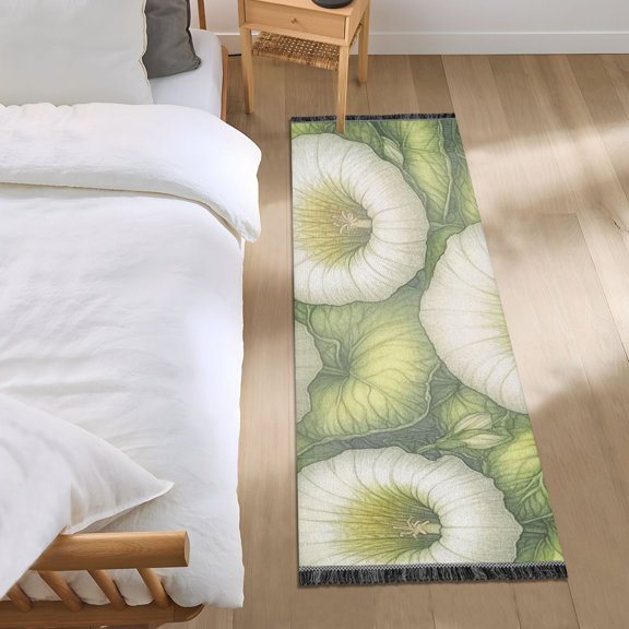 White Flowers with Green Leaves Bedroom Runner Rug 2'x 6' Non Slip Carpet Indoor Home Area Rug Living Room