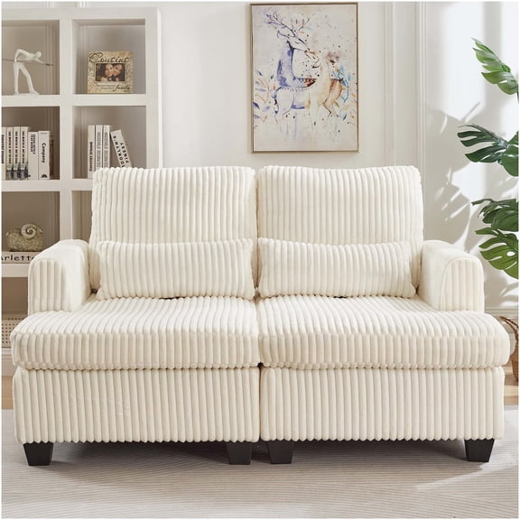 White Fluffy Corduroy Adjustable Back Loveseat Sofa, Modular Lounge Chair with Armrests for Living Room, Apartment