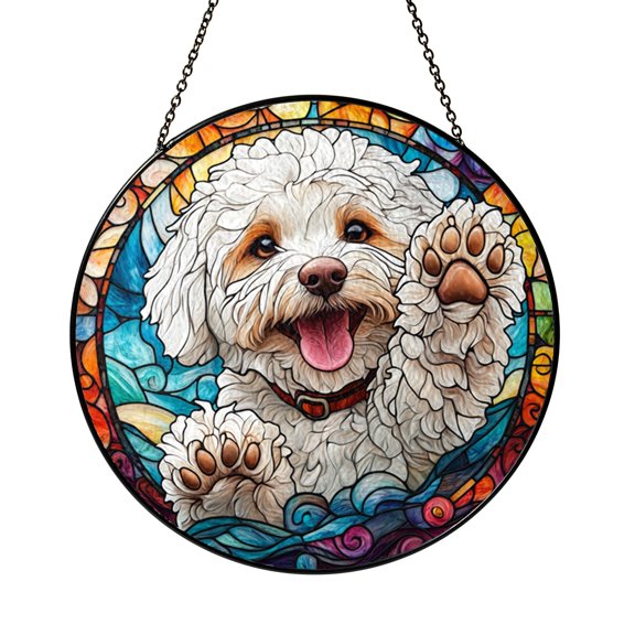 White Fluffy Dog Portrait Stained Glass Window Hanging, Gentle Canine With Soft Fur And Calm Expression, Cozy Animal Theme Home Decor