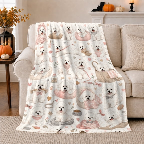 White Fluffy Dogs with Swans and Hearts, Sweet Whimsical Style for Dog Lovers, Pastel Puppy Scene and Birthday Gift, Cozy Flannel Blanket for Nursery and Bedroom, Pet Home Decor