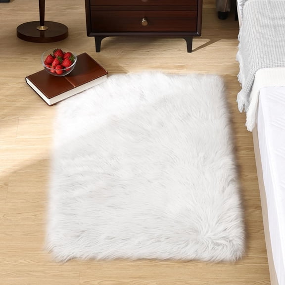 White Fluffy Faux Fur Rug for Bedroom Faux Sheepskin Rug 2x3 White Fuzzy Furry Bedside Carpet Dining Room Playroom Dorm Small Washable Rectangle
