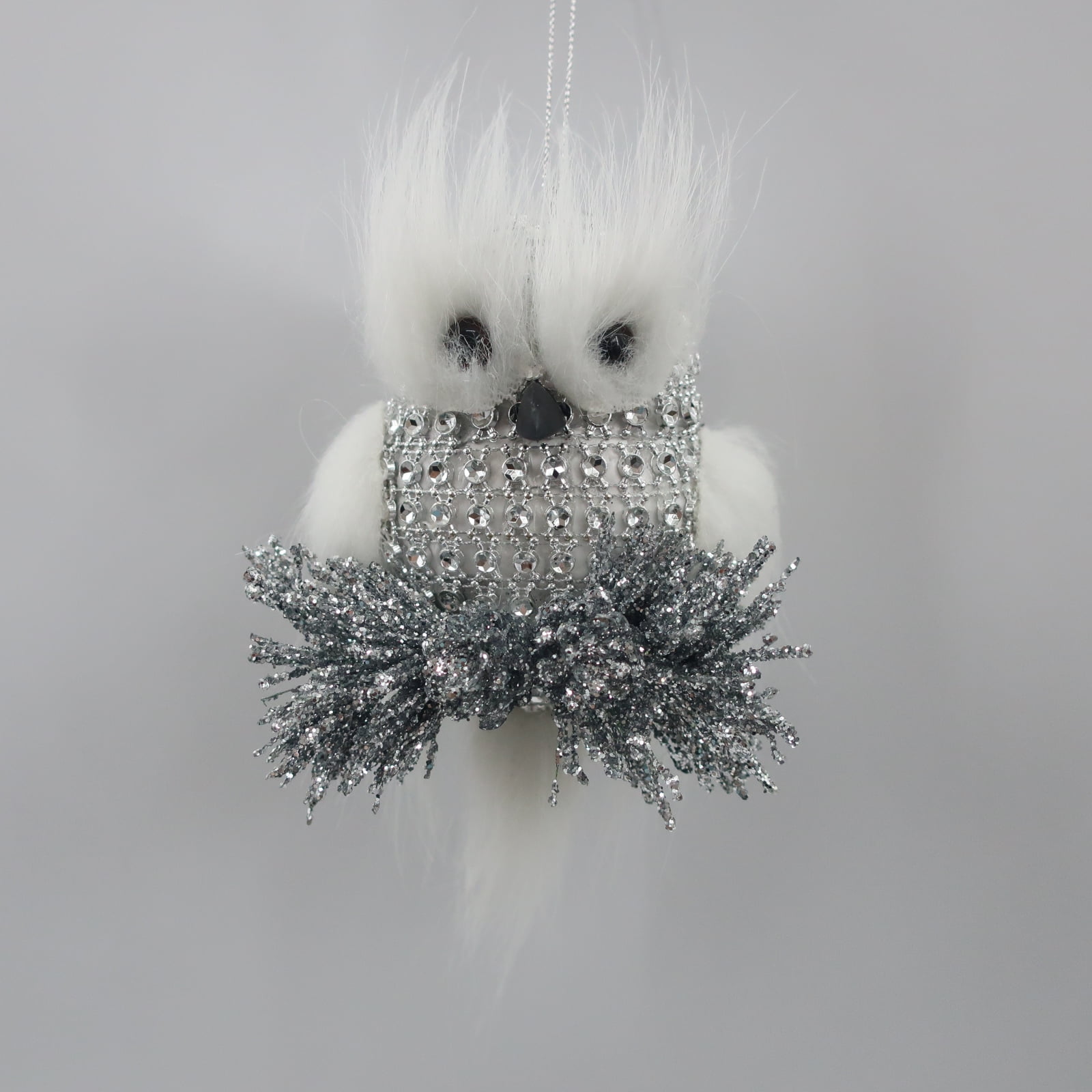 White Fluffy Silver Gemstone Owl Christmas Ornament, 6.3 in, by Holiday