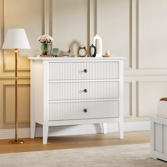 White Fluted 3 Drawer Dresser, 31.5 Inch Wide Dresser Nightstand for Bedroom, Modern Wood Chest of Drawers, Large Painted Nightstand with 3 Drawers for Closet, Hallway, Entryway