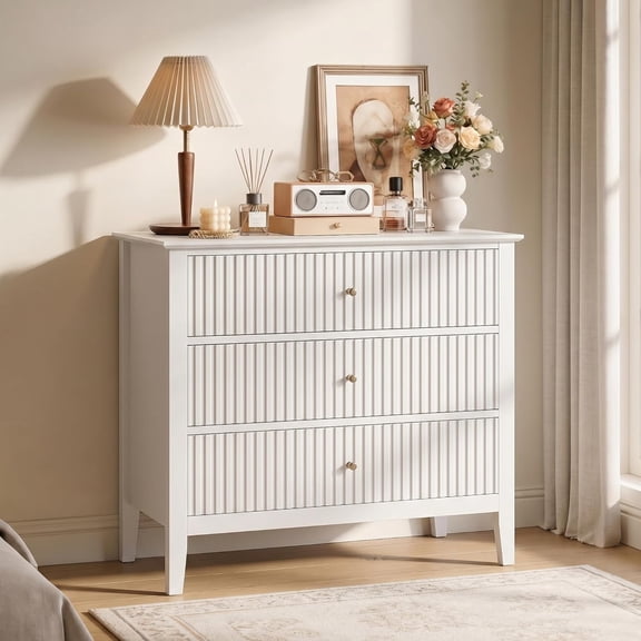 White Fluted 3 Drawer Dresser, 32 inch Wide Dresser Nightstand for Bedroom, Modern Wood Chest of Drawers, Large Painted Nightstand with 3 Drawers for Closet, Hallway, Entryway