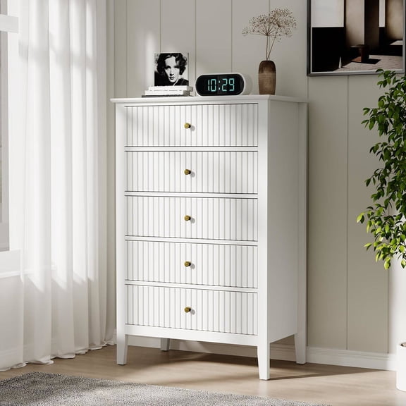 White Fluted 5 Drawer Dresser for Bedroom, Tall Chest of Drawers, Waterproof Lacquered Desktop,Modern Wood Storage Cabinet for Living Room
