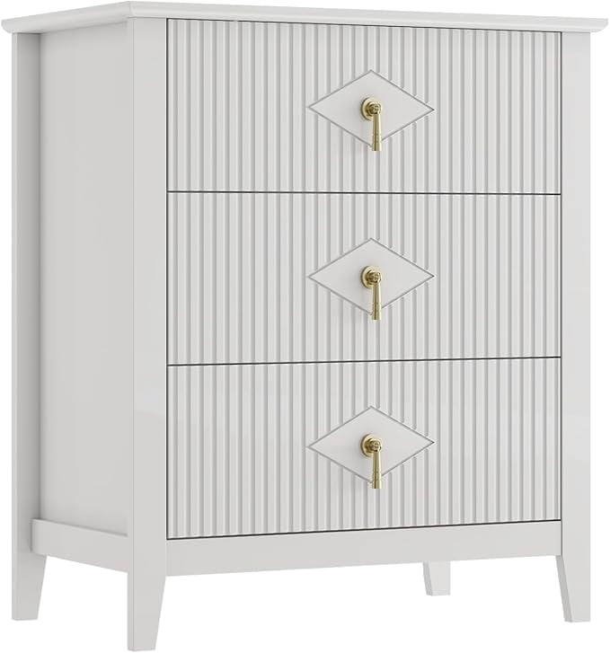 White Fluted Dresser for Bedroom, 32 Inch Wide Nightstand with Large Drawer, 3 Drawer End Table for Bedroom, Living Rooms, Offices, and Entryways