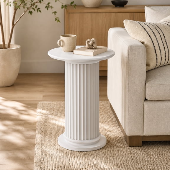 White Fluted Pedestal Side Table, 20.5" Modern Roman Column End Table for Living Room, Minimalist Round Nightstand for Bedroom, Sculptural Architectural Accent Table for Small Spaces, White