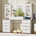 thumbnail image 1 of 55" Large Vanity Desk with Mirror & Lights, Glass Top Vanity Desk with Charging Station & Compartment Storage Drawers, Fluted Makeup Vanity Table with 9 Drawers/6 Shelves/2 Glass Cabinets, White, 1 of 9
