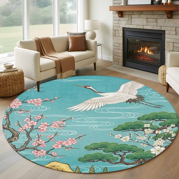 White Flying Crane 5FT Round Area Rugs for Living Room Watercolor Pink Cherry Green Pineapple Smoke Ultra-Thin Non-Slip Round Rugs Machine Washable Low Pile Circle Carpet for Bedroom Kitchen Nursery