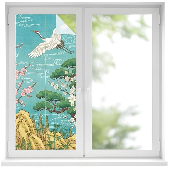White Flying Crane Window Privacy Film 17.7x39.3in Watercolor Pink Cherry Green Pineapple Smoke Decorative Window Film with Static Cling, UV Filtering Window Cling Privacy Film for Glass Doors