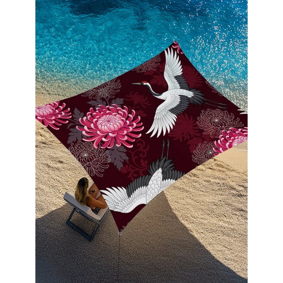 White Flying Cranes Sun Shade Sail 12' x 16', Pink Peony Flowers Floral Vines Rustic Garden Rectangle Outdoor Sunshade Canopy, Waterproof UV Block Patio Covers for Garden Yard Beach