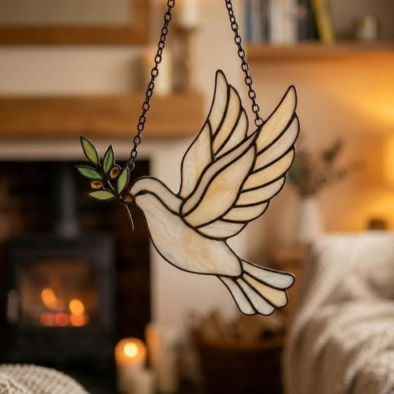White Flying Dove Acrylic Suncatcher Olive Branch Bird Window Hanging Home Decor Wall Art Religious Christian Symbol of Peace