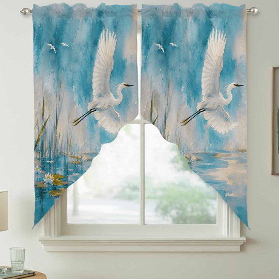 White Flying Egrets Swag Kitchen Curtain Valances, Minimalist Heron Bird Turquoise Blue Sky Lake Rod Pocket Curtains Window Treatment Decor Valances for Bedroom Bathroom, 2 Panels 28 x 36 Inch