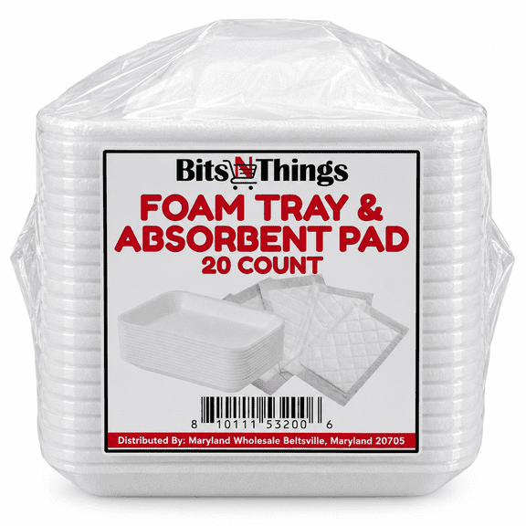 White Foam Meat Trays with Absorbent Pads 8.25" x 5.75" x 0.5", 20 Count - Disposable Supermarket Food Packaging Trays - Meat, Poultry, Seafood & Produce - Includes 20 Absorbent Pads - Bits N Things