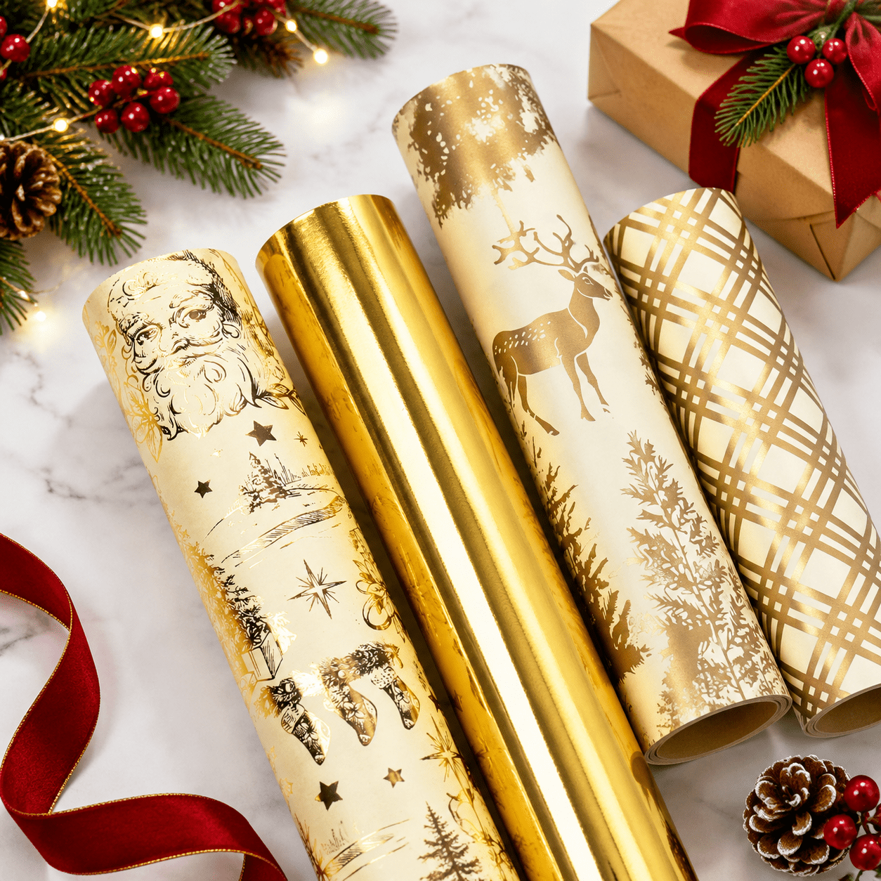 White Foilmas Wrapping Paper Set Roll Vintsanta Plaid Reindeer & Tree ...