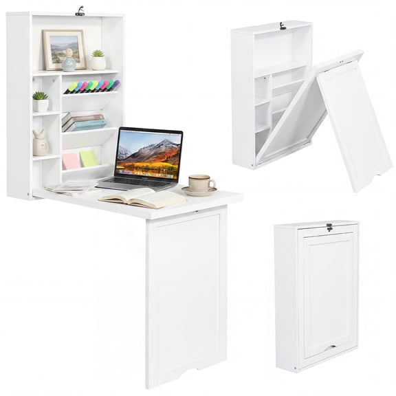 White Fold-Down Wall Desk with Storage Shelves, Space-Saving Murphy Desk