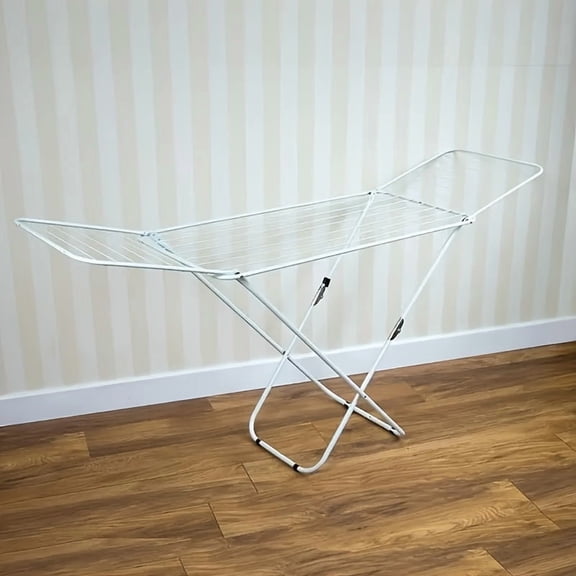 White Foldable 2-Level Free-Standing Clothes Drying Rack with Height Adjustable Wings, Large Collapsible Laundry Air Dryer for Garment Storage