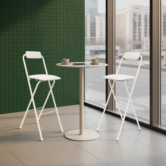 White Foldable Bar Chair  4248105cm, Carbon Steel Frame, PU Seat Cushion, 275lb Load, 70mm Folded Thickness, Set of 2