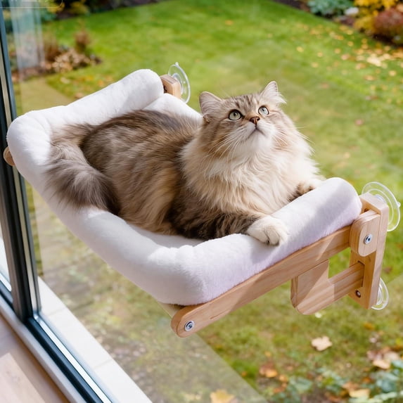 White Foldable Cat Window Perch with Washable Cushion for Indoor Sunbathing