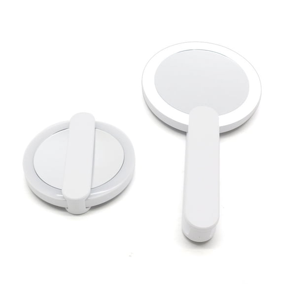 White Foldable Handle Mirror With Led Light Usb Charging Port Compact For Travel And Purse