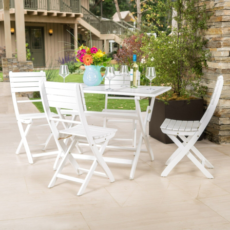 White Foldable Outdoor Dining Set with 4 Chairs, Space-Saving Patio Table for Small Spaces, Compact Design, Weather-Resistant Aluminum Frame