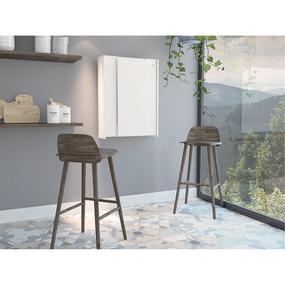 White Foldable Table On Wall, Seven Shelves Inside, Extending Functionality Wall Desk With Design, Interior Shelves, Convenience