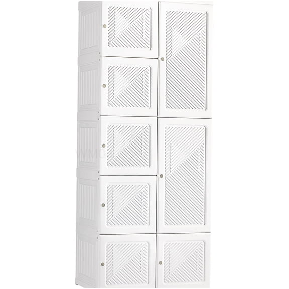 White Folding Armoire Cabinet with 8 Cubes & Magnetic Doors, Portable Closet Organizer with Hanging Rod
