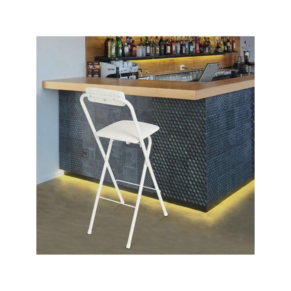 White Folding Bar Stool With Back, Padded Tall Counter Height Stool For Kitchen Island Or Bar