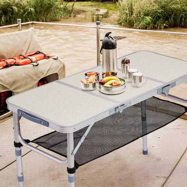White Folding Camping Table with 3 Height Settings & Mesh Storage Shelf, 110lb Capacity Portable Table for Outdoor Dining & Activities