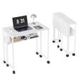 thumbnail image 1 of White Folding Desk with Storage Shelf and Wheels – Space-Saving Collapsible Table for Home Office, Bedroom, Dorm – Sturdy Iron Frame, Easy Assembly, White, 1 of 8