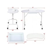White Folding Portable Manicure Table - 37 Wide Desk With Wrist Cushion, Built-In Drawer & Lockable Wheels