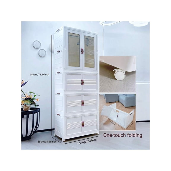 White Folding Storage Cabinet with Wheels, Multi-Drawer Plastic Wardrobe & Sorting Rack for Clothes, Snacks, Living Room, Bedroom, Portable, Includes 10 Hangers