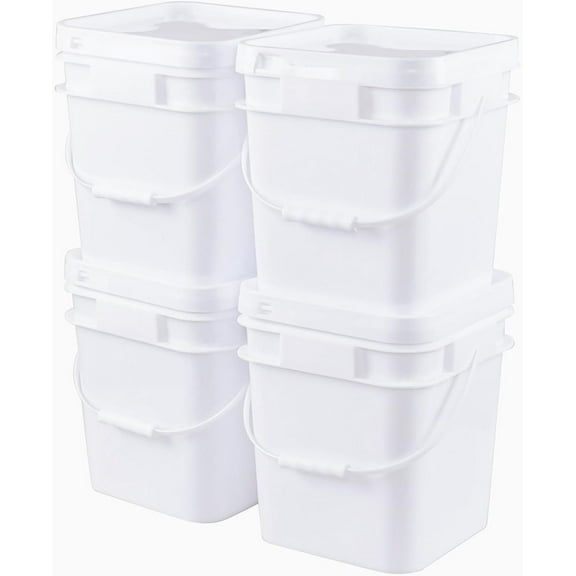 White Food Grade Bucket with Airtight Lids, Plastic Painting Can Square Oil Tub, 3 Gallon Plastic Bucket, All Purpose Pail with Handle (4 Pack)