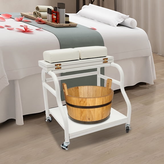 White Foot Bath Cart With Rollers Two-Layer Foldable Wooden Storage Board Multifunctional Cart With Massage Cushion