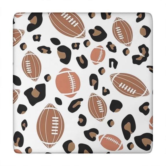White Footballs with Leopard Spots Pattern Square Fitted Tablecloth with Elastic Edge,Square Table Cover,Washable Elastic Table Cover for Home Kitchen Party Decor 34"x34"