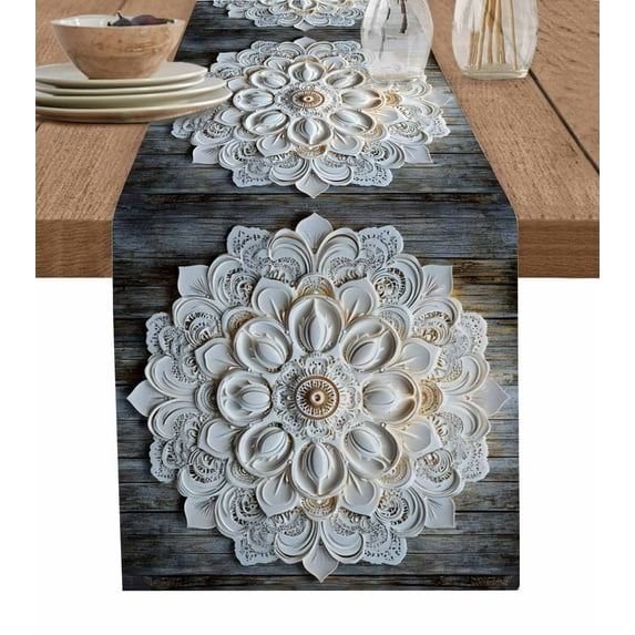 White Foral Table Runner 72 Inches, Modern Abstract Aesthetics Wooden Grain Bed Runner Dresser Scarves Tabletop for Indoor Outdoor Parties/Ceremony/Banquet, 13" x 72"