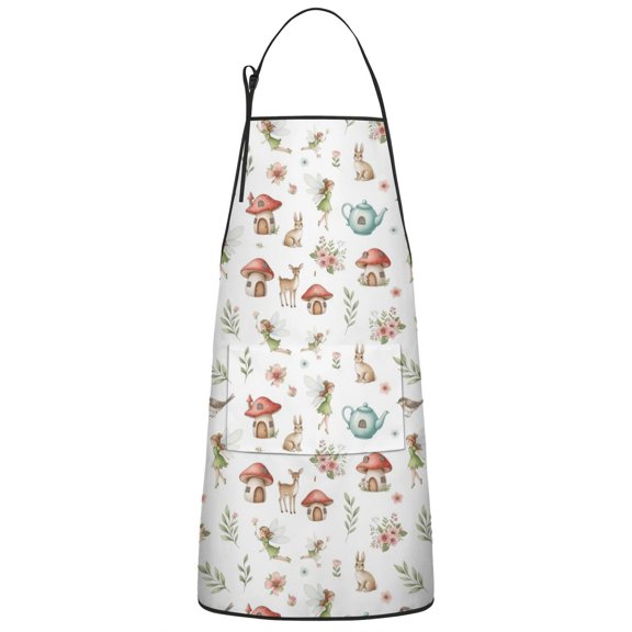 White Forest Fairy Pattern Apron-Garden Aprons for Women with Pockets-Cotton Linen Waterproof Kitchen Cooking Gardening Aprons Adjustable for Kitchen,Cooking,BBQ and Salon 33x27 Inch