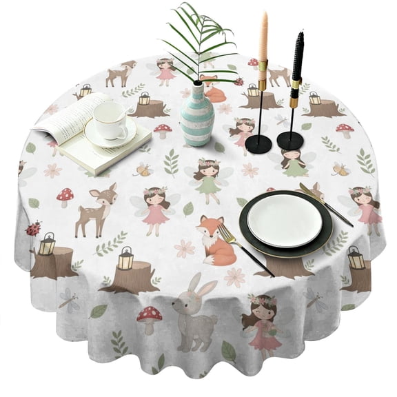 White Forest Fairy Pattern Round Tablecloth 60"x60",Wrinkle Wipeable Table Cloth for Kitchen Dining Room Picnic Patio Party