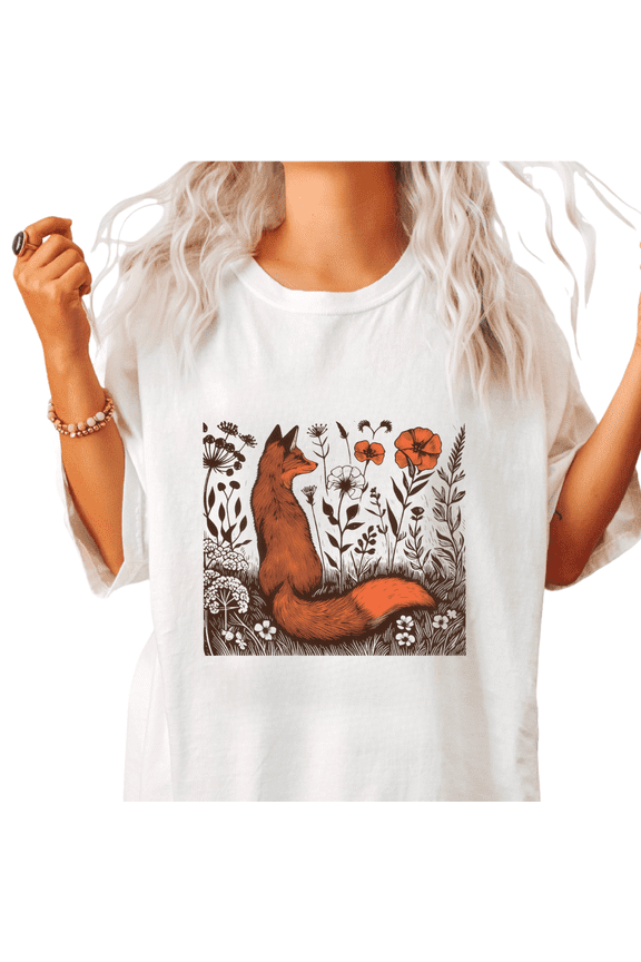 White Forest Fox Botanical Graphic T-Shirt Wildlife Nature Aesthetic Casual Daily Weekend Outfit Top for Nature Lovers S-5XL