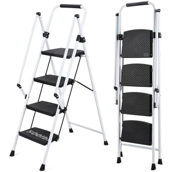 White Four-Step Ladder, Light Folding Stool, Wide Anti-Skid Pedal, Safety Handle, Strong Steel, Multi-Purpose, Family, Kitchen, Office$$Tools