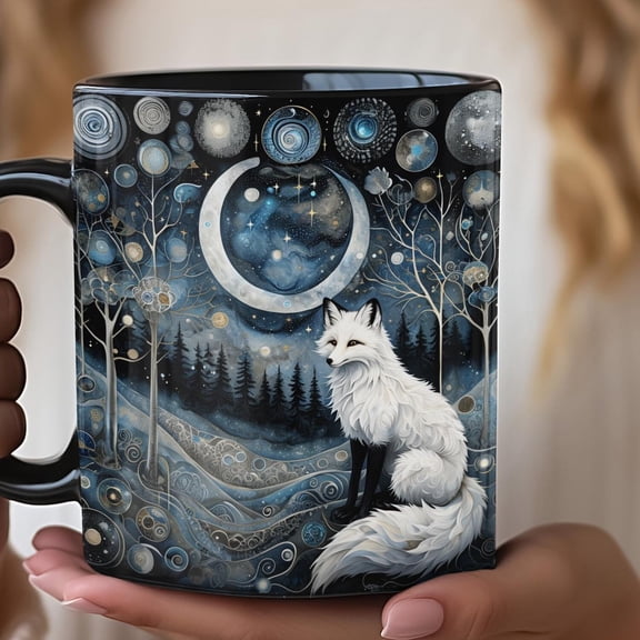 White Fox Celestial Design, Ceramic Cup, Tea Cup, Coffee Mug, Galaxy Fox Mug, Animal Lover Gift, Celestial Design whimsical gift